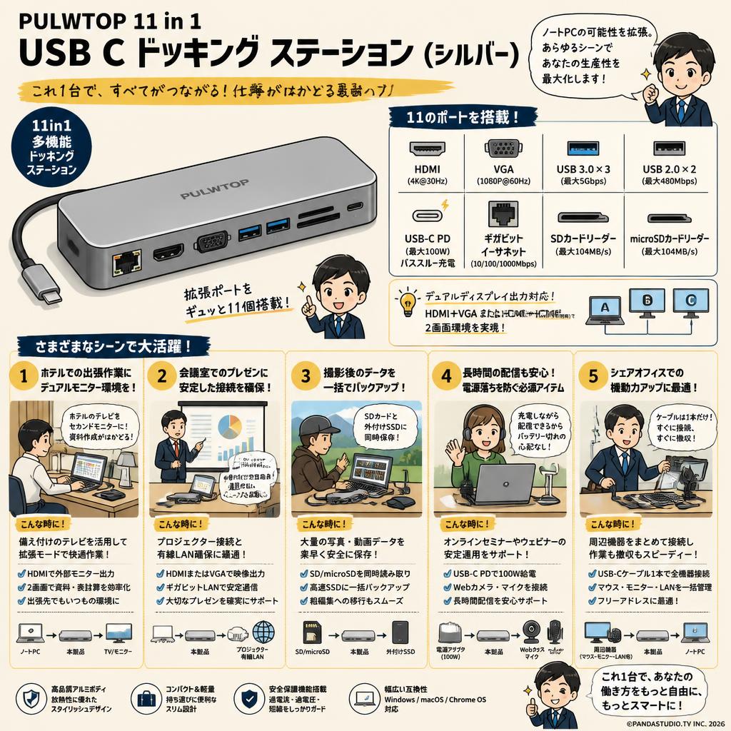 PULWTOP 11 in 1 USB C ドッキング ステーション ( シルバー) 用途