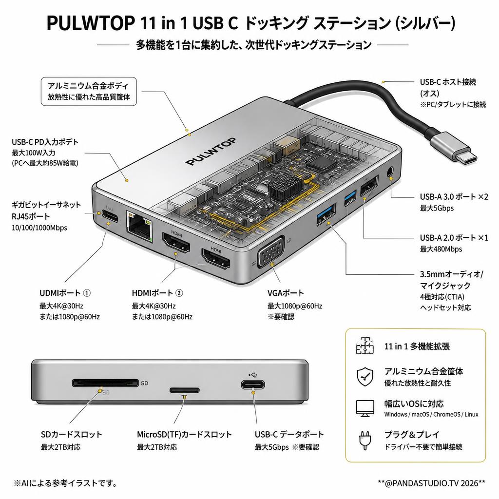 PULWTOP 11 in 1 USB C ドッキング ステーション ( シルバー) スペック