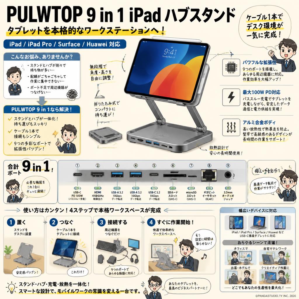 PULWTOP 9 in 1 iPad ハブスタンド IPad/IPad Pro/Surface/Huawei 概要