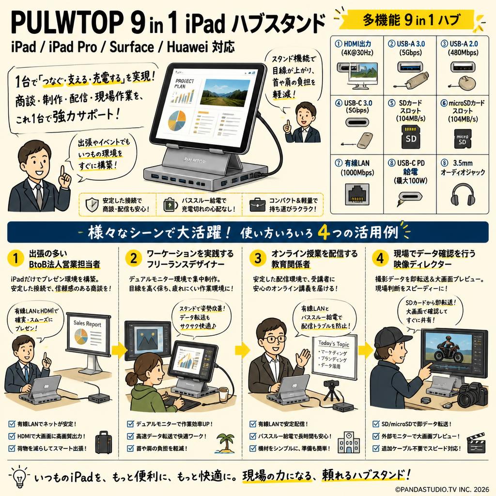 PULWTOP 9 in 1 iPad ハブスタンド IPad/IPad Pro/Surface/Huawei おもな対象のお客様