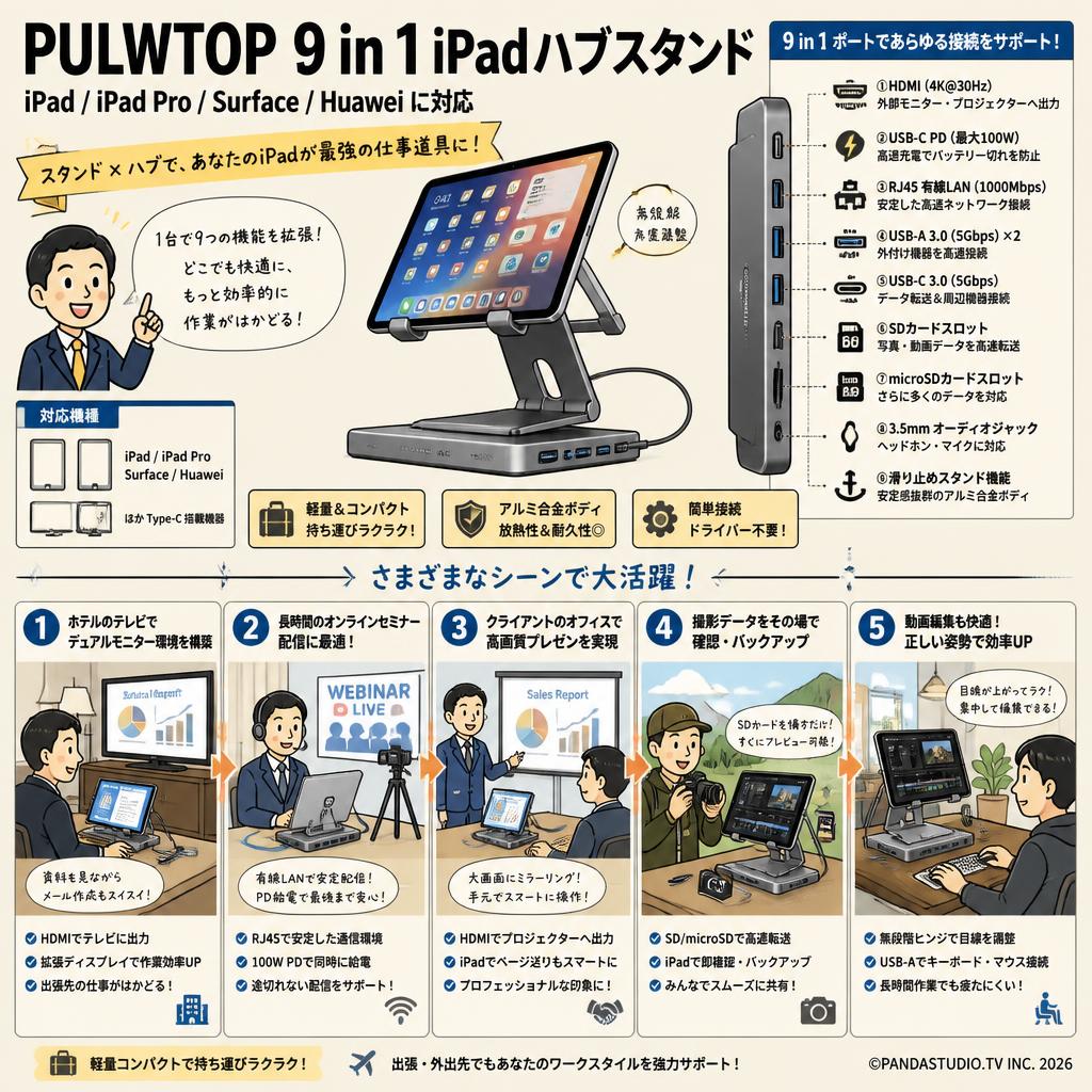 PULWTOP 9 in 1 iPad ハブスタンド IPad/IPad Pro/Surface/Huawei 用途