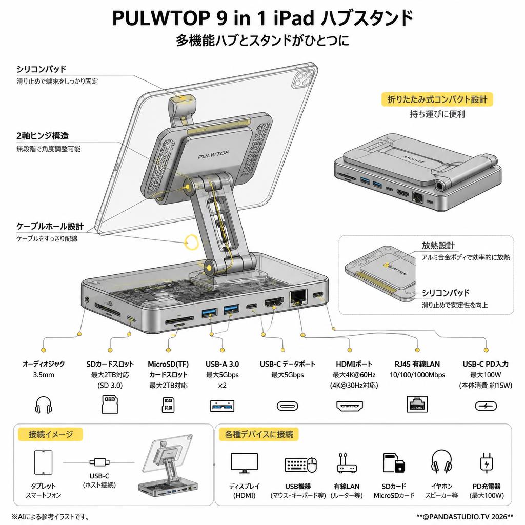 PULWTOP 9 in 1 iPad ハブスタンド IPad/IPad Pro/Surface/Huawei スペック
