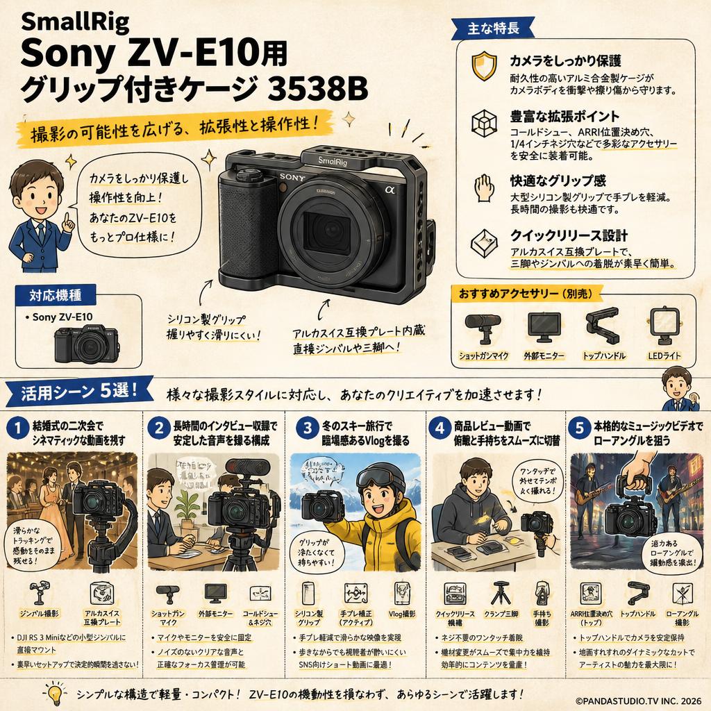 SmallRig Sony ZV-E10用グリップ付きケージ 3538B 用途