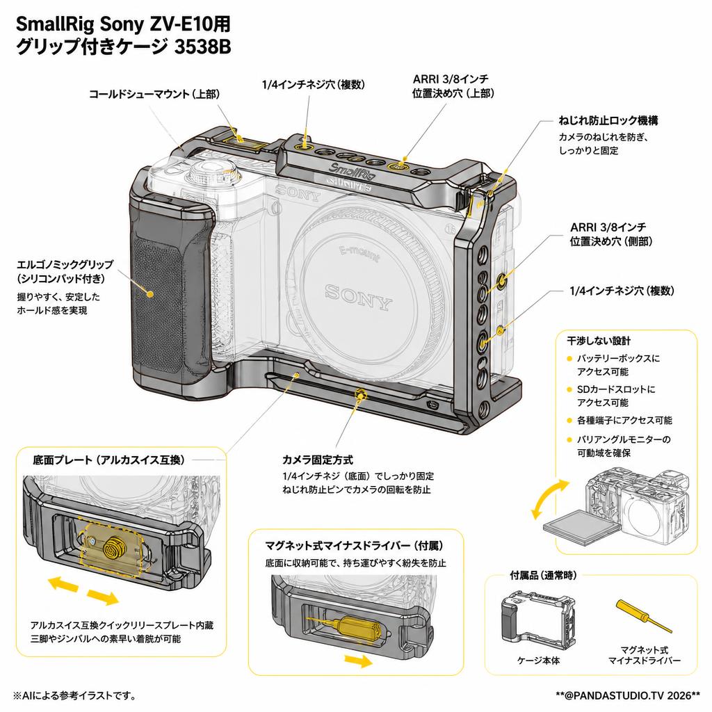 SmallRig Sony ZV-E10用グリップ付きケージ 3538B スペック
