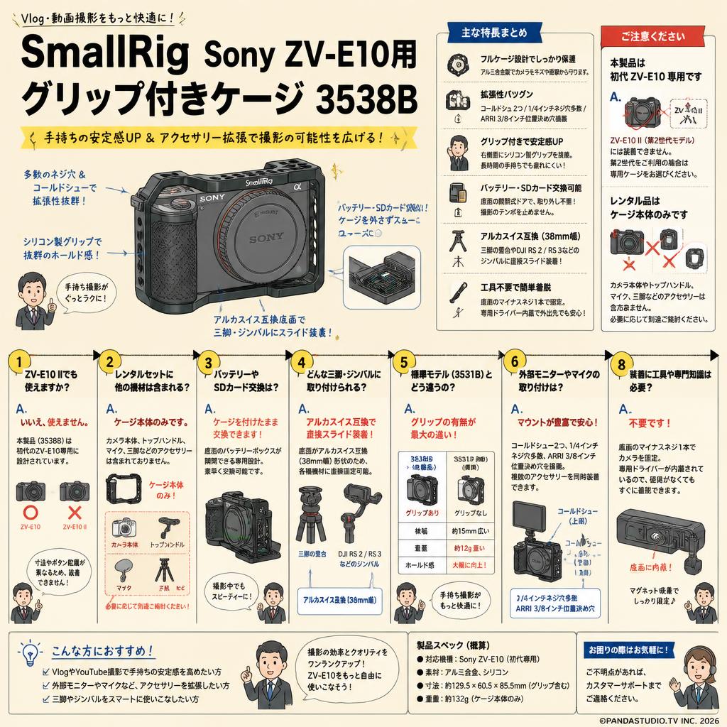 SmallRig Sony ZV-E10用グリップ付きケージ 3538B FAQ（よくある質問と答え）