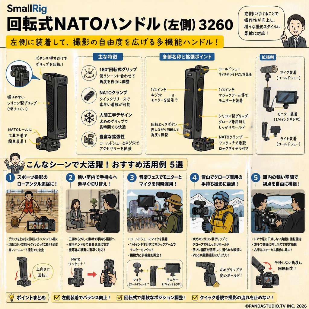 SmallRig 回転式 NATO ハンドル (左側) 3260 用途