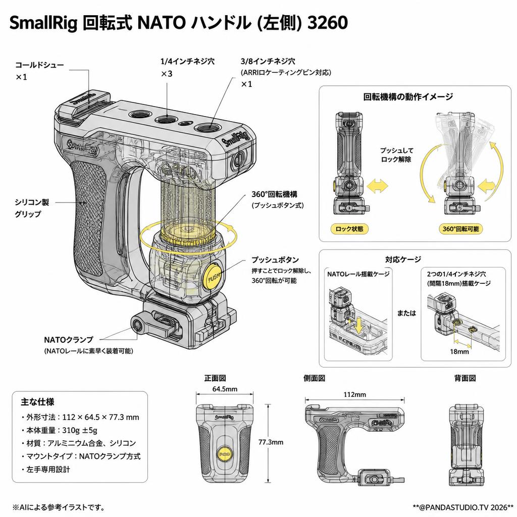 SmallRig 回転式 NATO ハンドル (左側) 3260 スペック