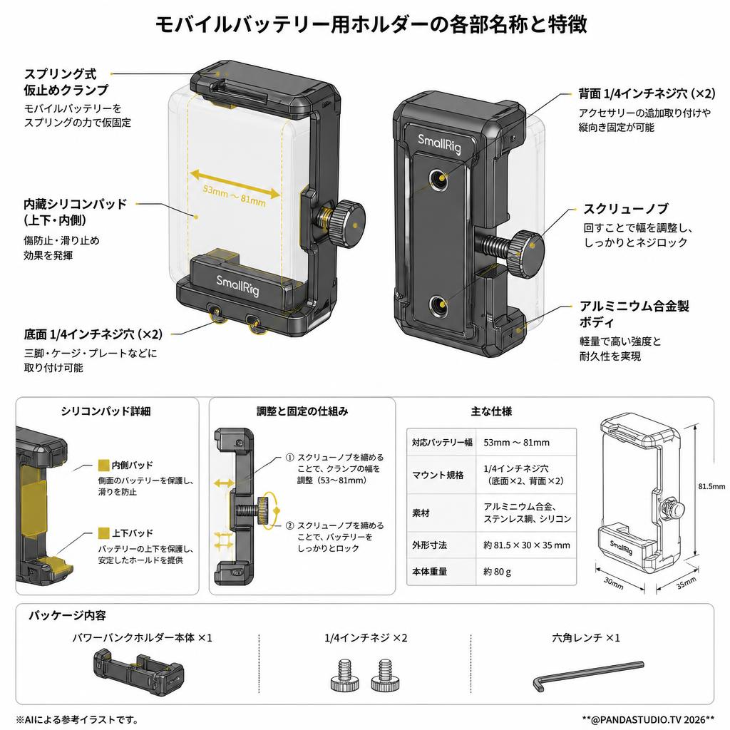 SmallRig モバイルバッテリー用ホルダー ポータブルパワーバンク用マウント 2790 スペック