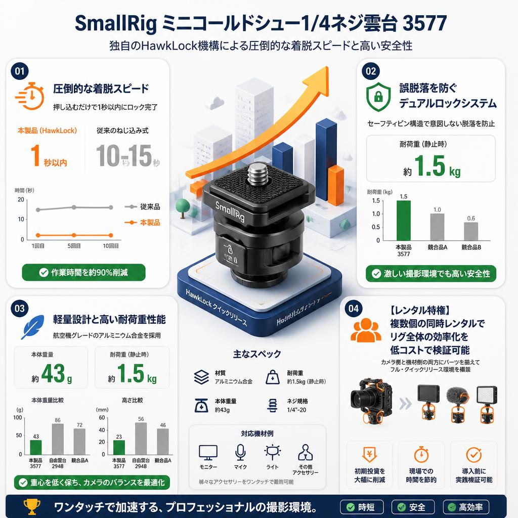 SmallRig ミニコールドシュー1/4ネジ雲台 3577 セールスポイント