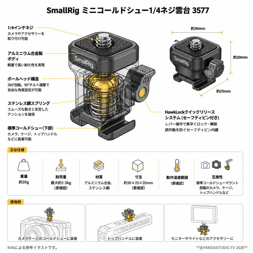 SmallRig ミニコールドシュー1/4ネジ雲台 3577 スペック