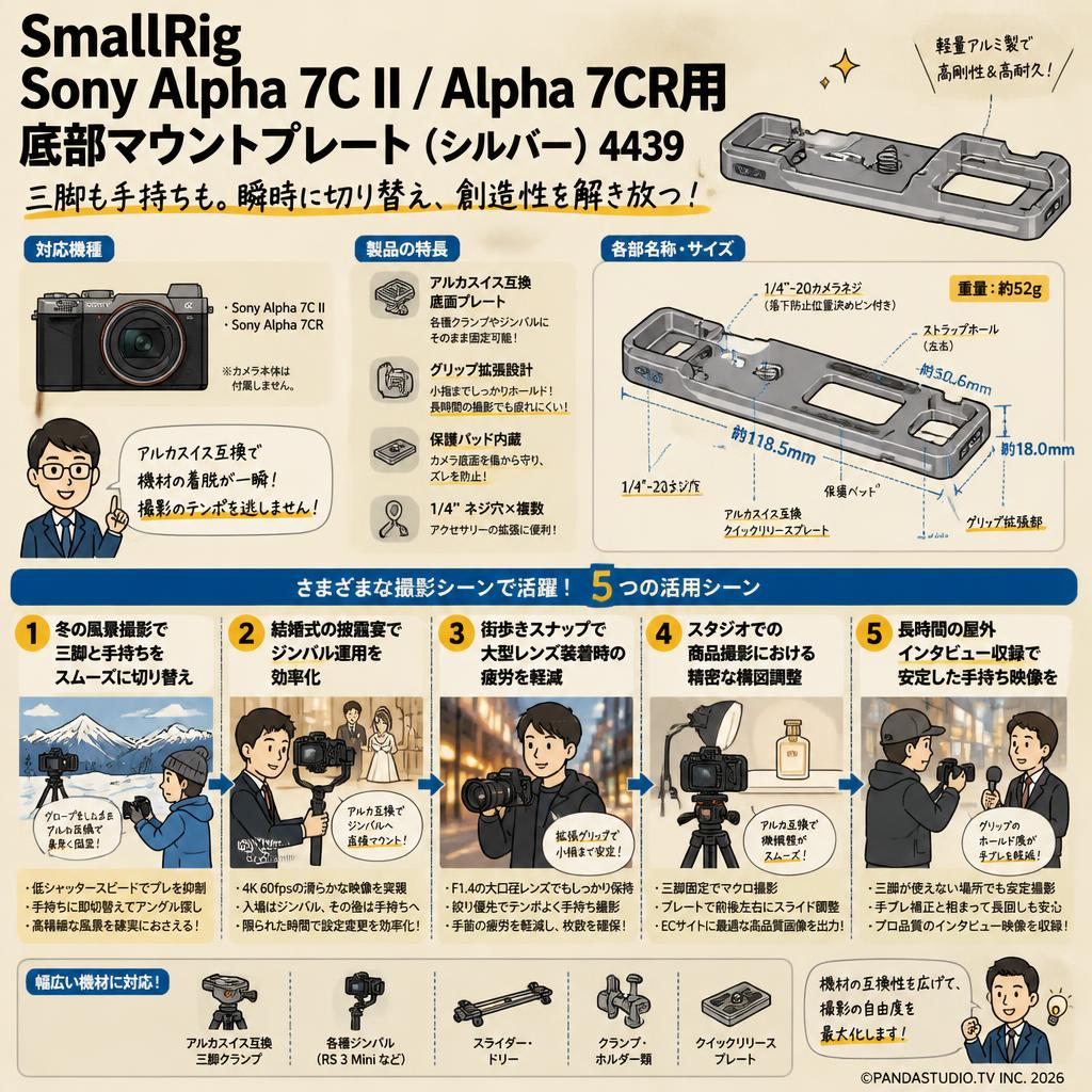 SmallRigSony Alpha 7C II / Alpha 7CR用底部マウントプレート（シルバー）4439 用途