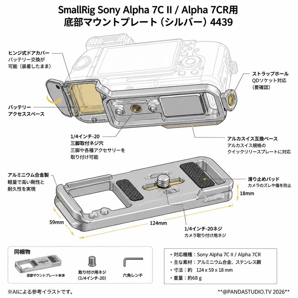 SmallRigSony Alpha 7C II / Alpha 7CR用底部マウントプレート（シルバー）4439 スペック