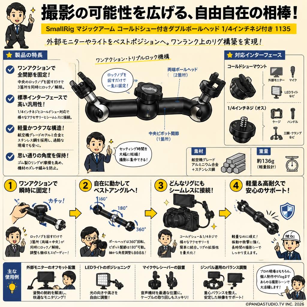 SmallRig マジックアーム コールドシュー付きダブルボールヘッド 1/4インチネジ付き 1135 概要