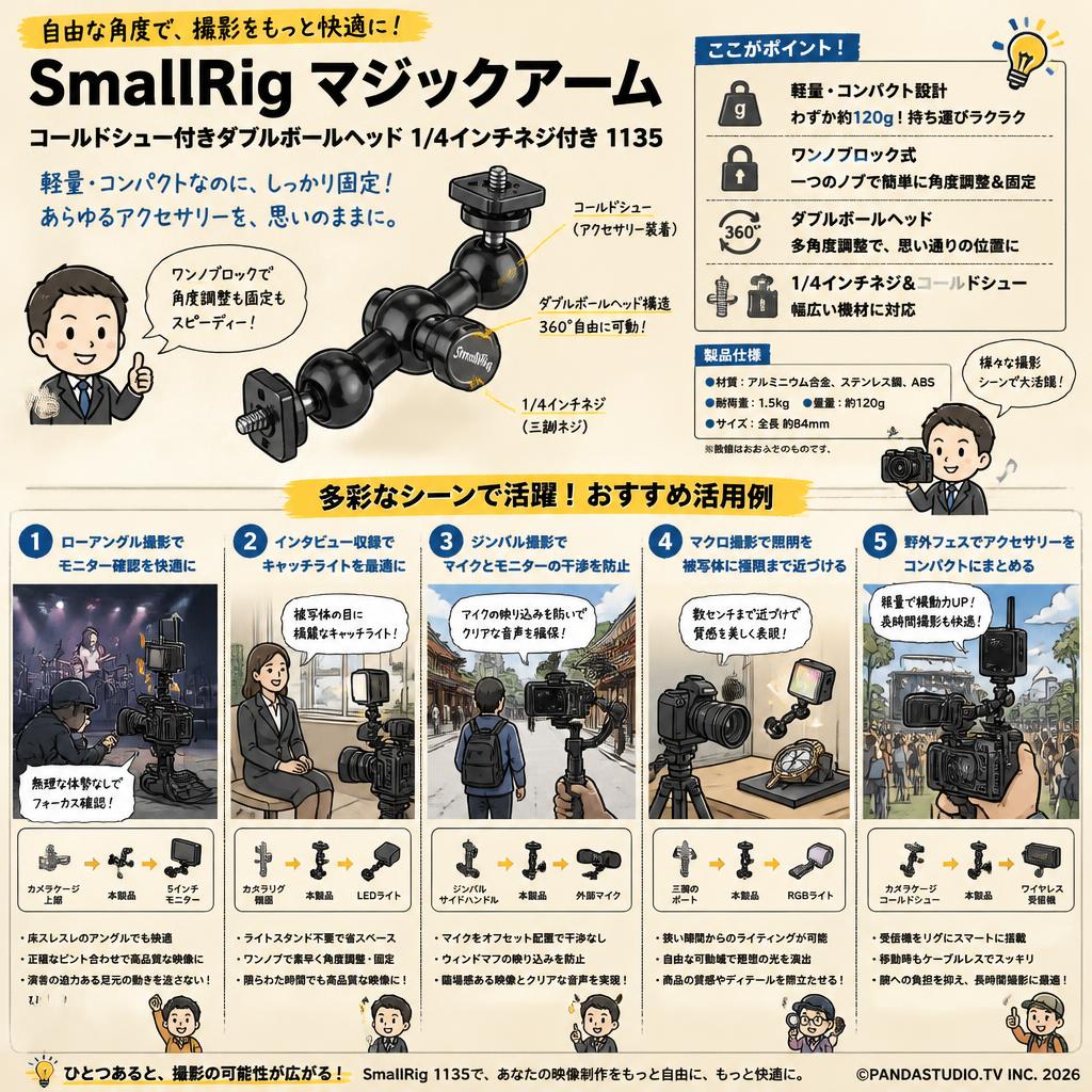SmallRig マジックアーム コールドシュー付きダブルボールヘッド 1/4インチネジ付き 1135 用途