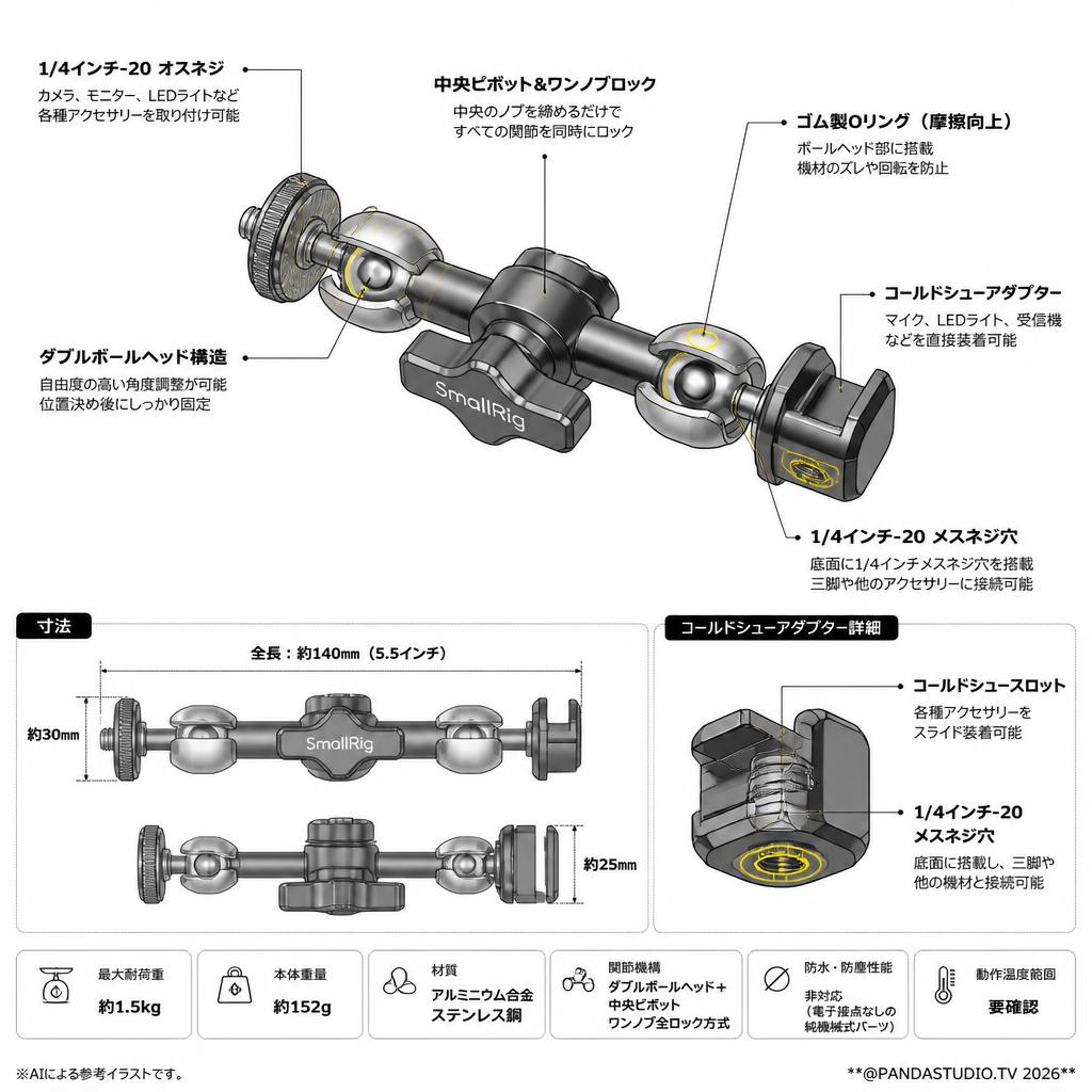 SmallRig マジックアーム コールドシュー付きダブルボールヘッド 1/4インチネジ付き 1135 スペック