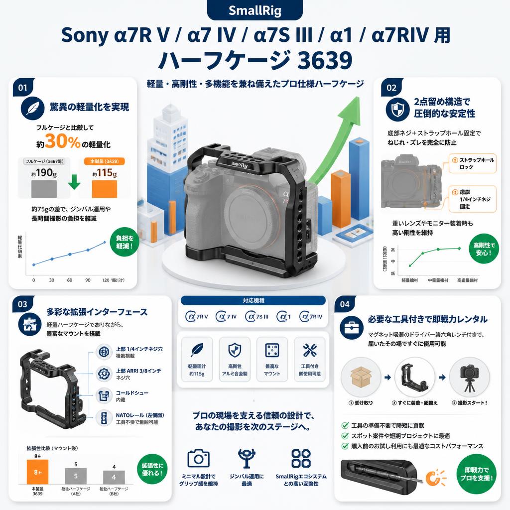 SmallRig Sony α7R V / α7 IV / α7S III / α1 / α7RIV 用ハーフケージ 3639 セールスポイント
