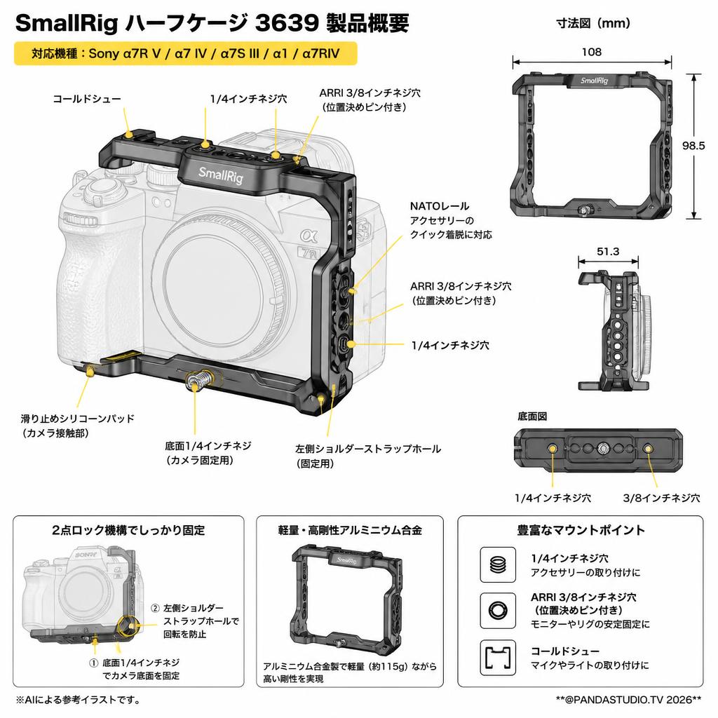 SmallRig Sony α7R V / α7 IV / α7S III / α1 / α7RIV 用ハーフケージ 3639 スペック