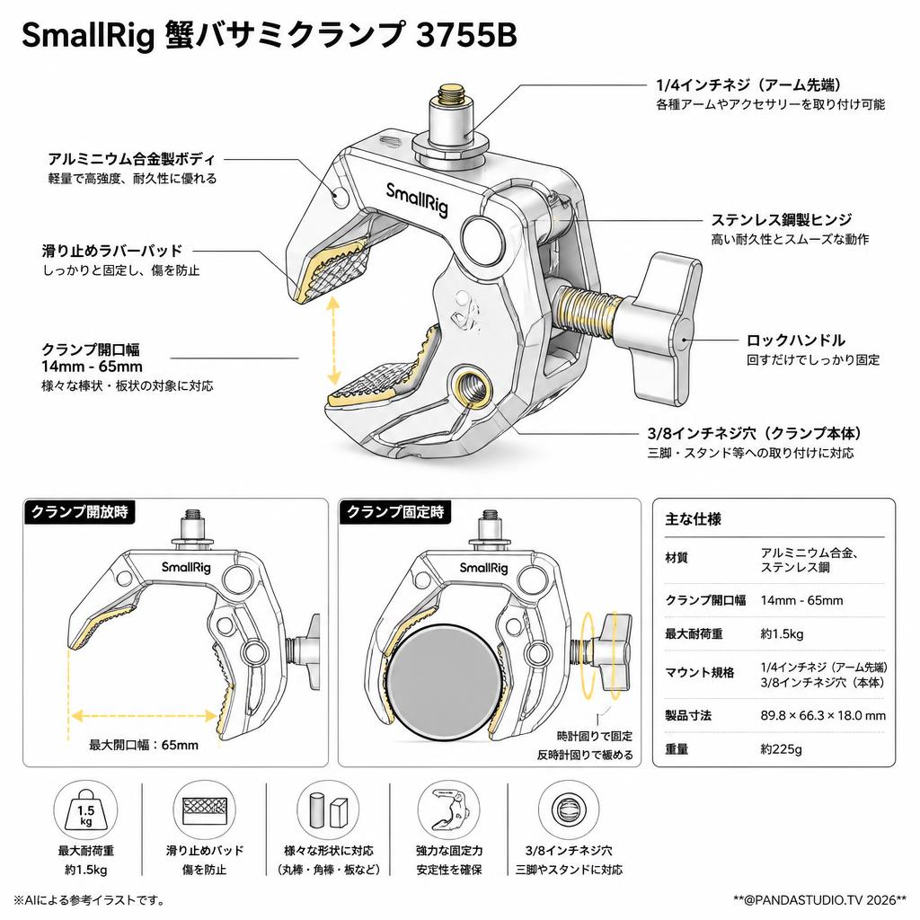 SmallRig 蟹バサミクランプ 3755B スペック