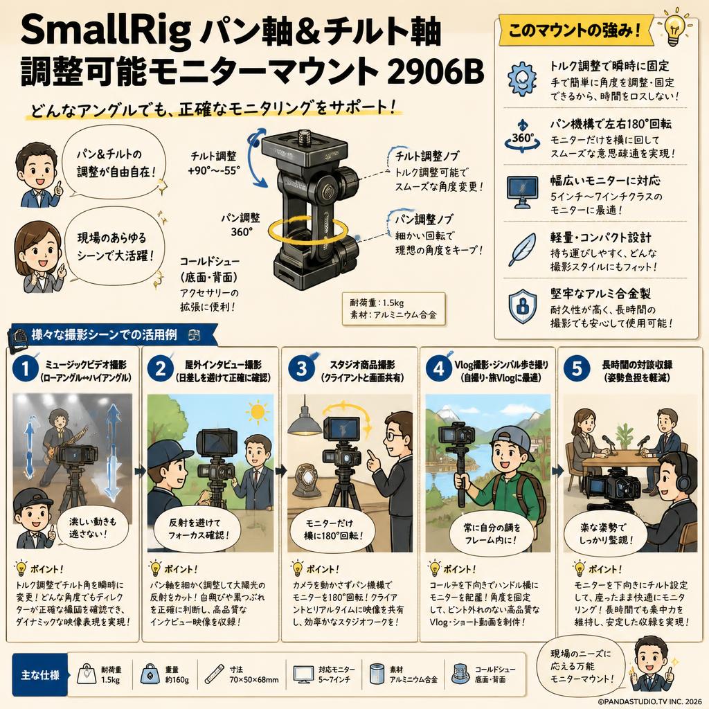 SmallRigパン軸＆チルト軸調整可能モニターマウント 2906B 用途