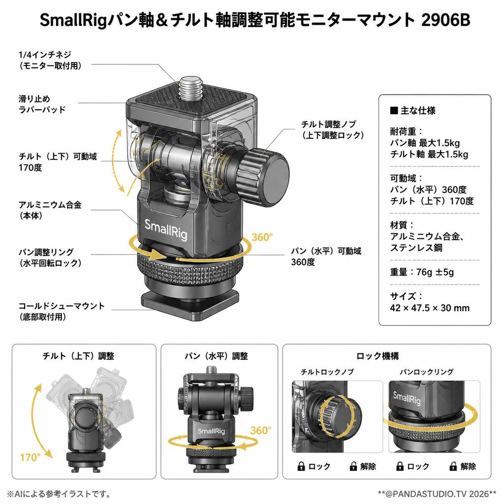 SmallRigパン軸＆チルト軸調整可能モニターマウント 2906B スペック