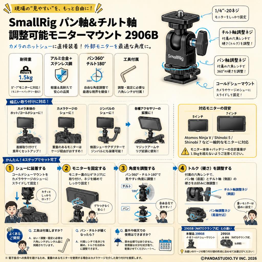 SmallRigパン軸＆チルト軸調整可能モニターマウント 2906B FAQ（よくある質問と答え）