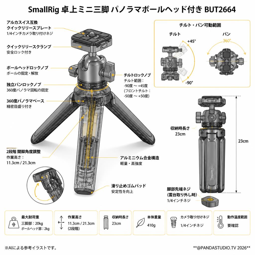SmallRig 卓上ミニ三脚 パノラマボールヘッド付き BUT2664 スペック
