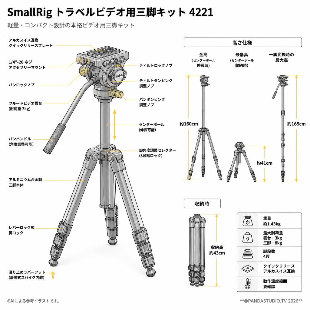 SmallRig トラベルビデオ用三脚キット 4221 スペック