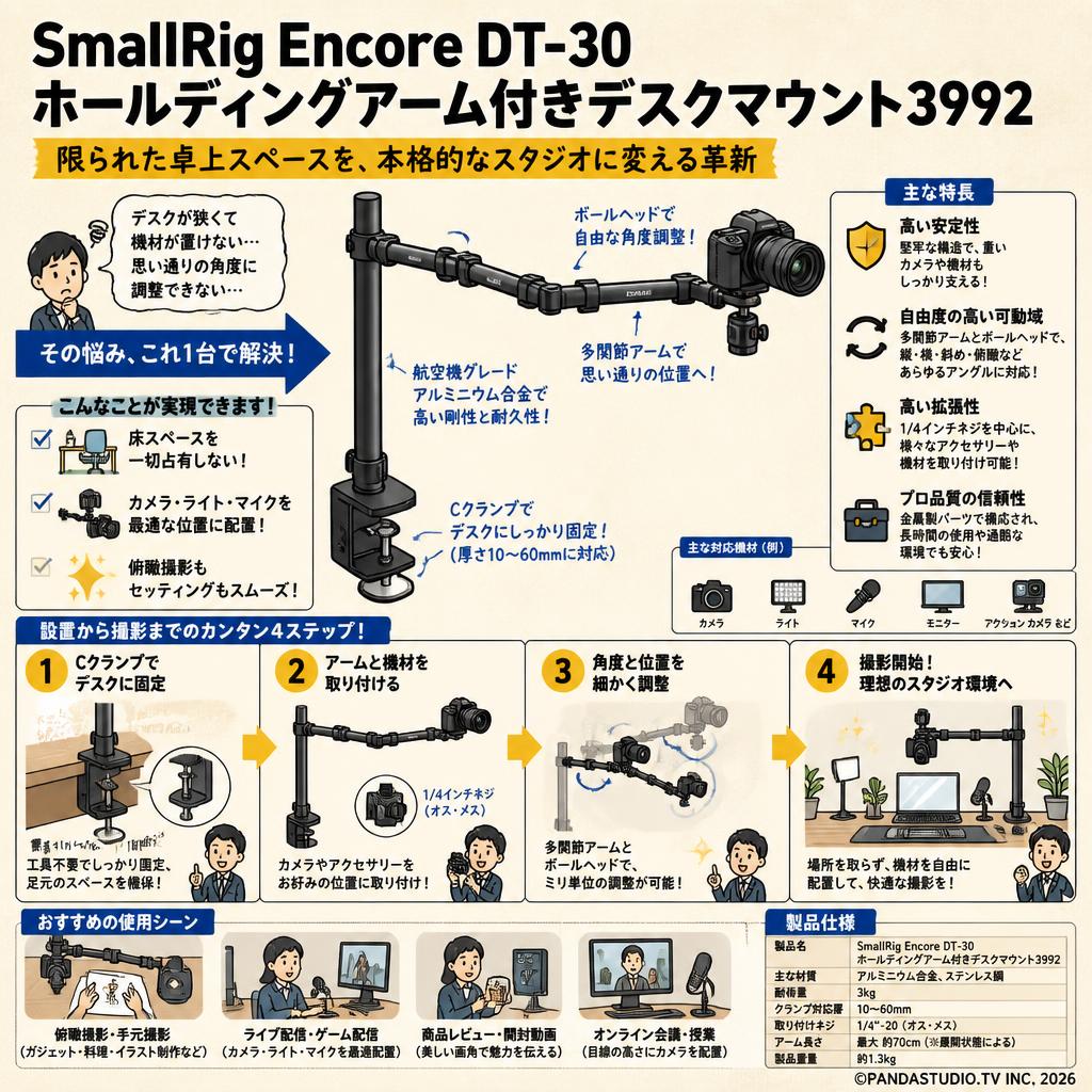 SmallRig Encore DT-30ホールディングアーム付きデスクマウント3992 概要
