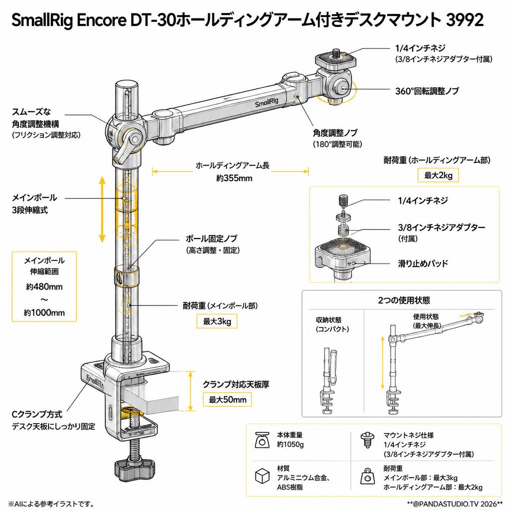 SmallRig Encore DT-30ホールディングアーム付きデスクマウント3992 スペック