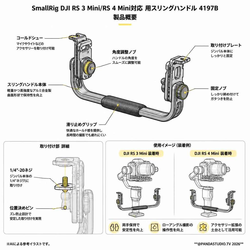 SmallRig DJI RS 3 Mini/RS 4 Mini対応 用スリングハンドル 4197B スペック