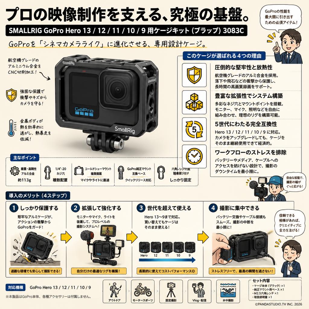 SMALLRIG GoPro Hero 13 / 12 / 11 / 10 / 9 用ケージキット (ブラック) 3083C 概要