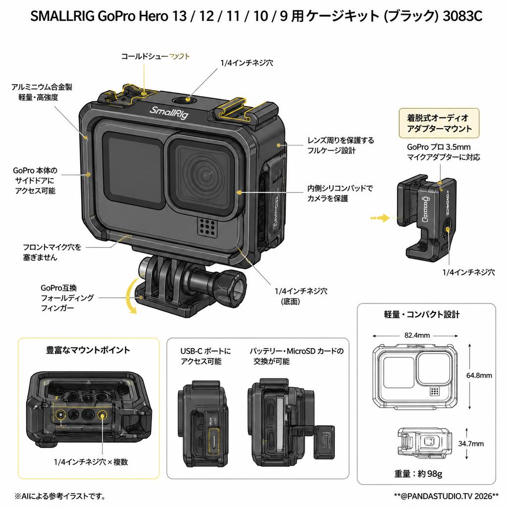 SMALLRIG GoPro Hero 13 / 12 / 11 / 10 / 9 用ケージキット (ブラック) 3083C スペック