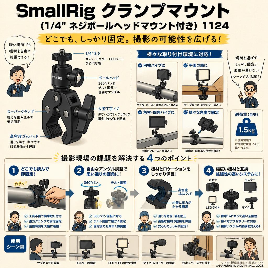 SmallRig クランプマウント（1/4 "ネジボールヘッドマウント付き） 1124 概要