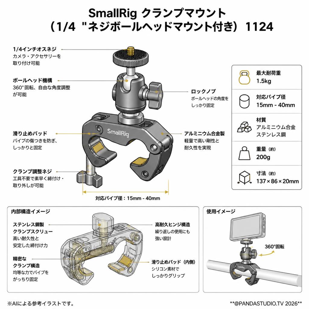 SmallRig クランプマウント（1/4 "ネジボールヘッドマウント付き） 1124 スペック