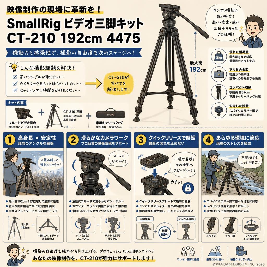 SmallRig ビデオ三脚キット CT-210 192cm 4475 概要