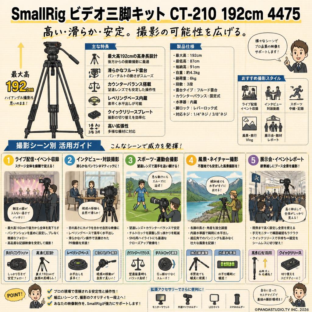 SmallRig ビデオ三脚キット CT-210 192cm 4475 用途