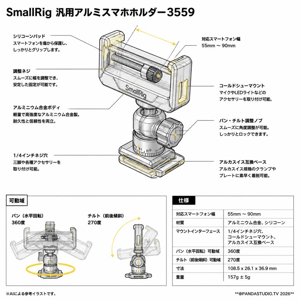 SmallRig 汎用アルミスマホホルダー3559 スペック