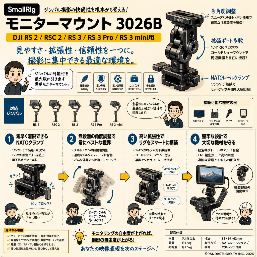 SmallRig DJI RS 2 / RSC 2 / RS 3 / RS 3 Pro /RS 3 mini用モニターマウント 3026B 概要
