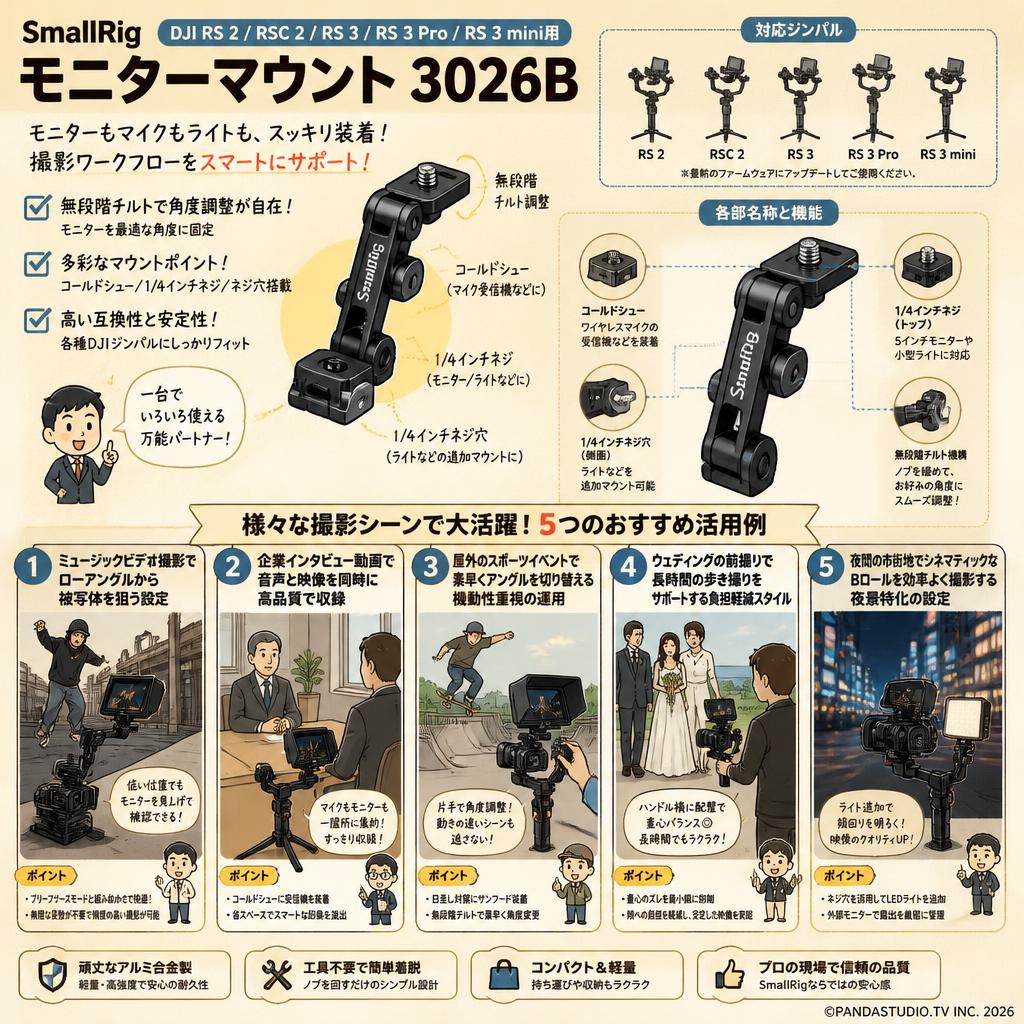 SmallRig DJI RS 2 / RSC 2 / RS 3 / RS 3 Pro /RS 3 mini用モニターマウント 3026B 用途