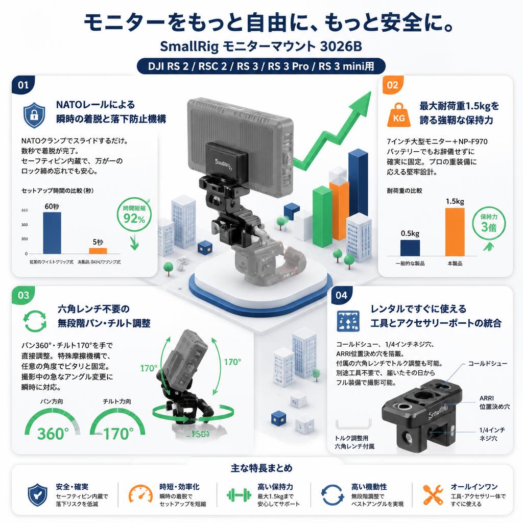 SmallRig DJI RS 2 / RSC 2 / RS 3 / RS 3 Pro /RS 3 mini用モニターマウント 3026B セールスポイント