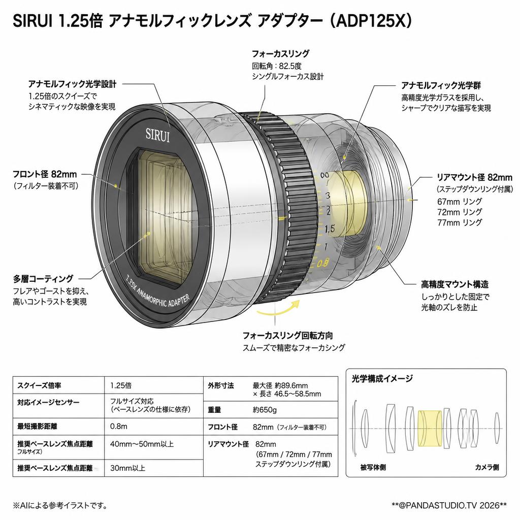SIRUI 1.25倍 アナモルフィックレンズ アダプター（ADP125X） スペック