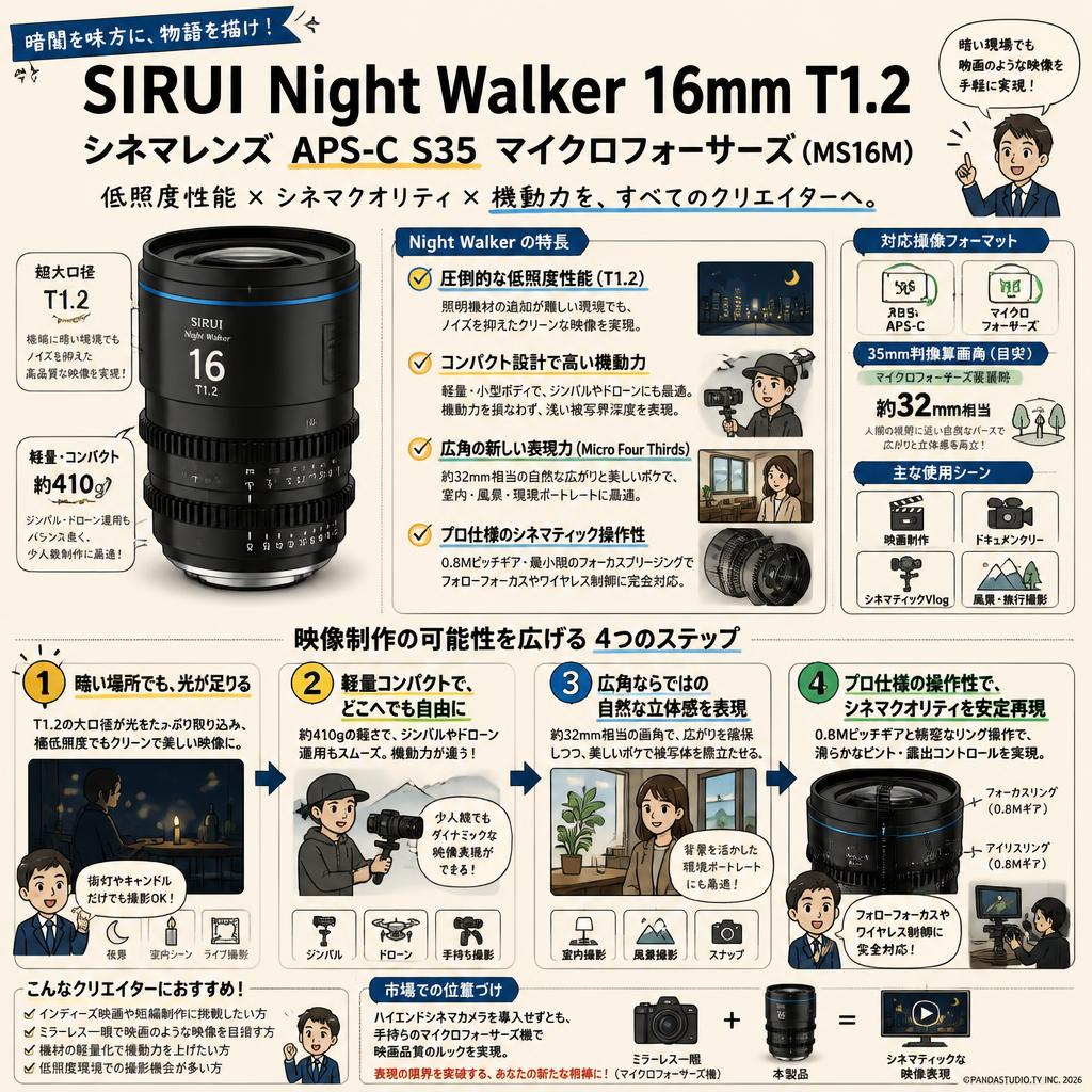 SIRUI Night Walker 16mm T1.2 シネマレンズ APS-C S35 マイクロフォーサーズ ( MS16M ) 概要