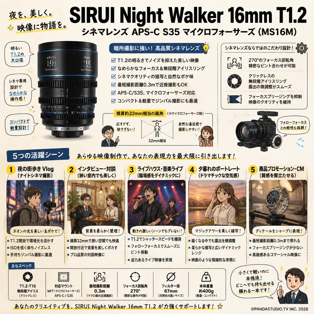 SIRUI Night Walker 16mm T1.2 シネマレンズ APS-C S35 マイクロフォーサーズ ( MS16M ) 用途