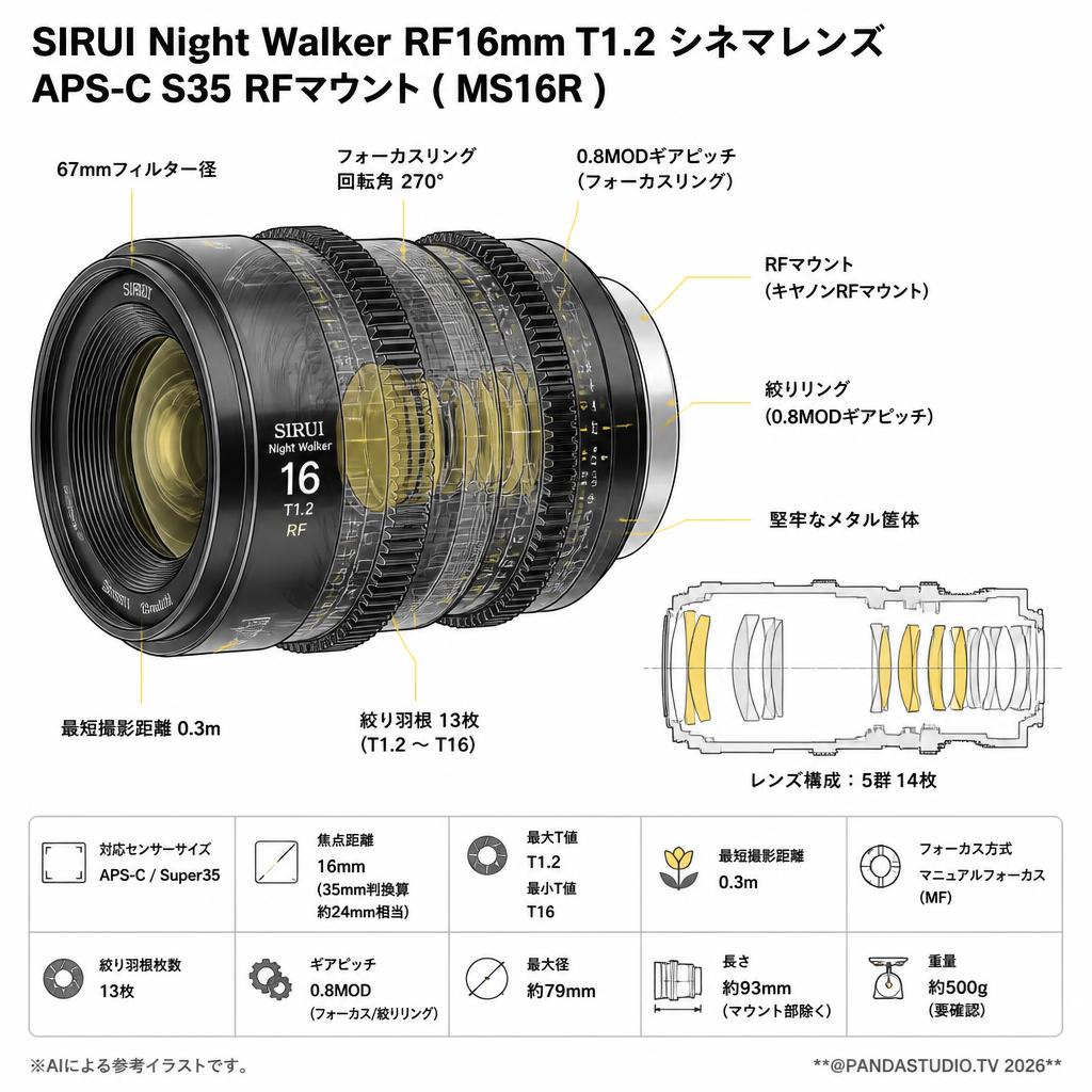 SIRUI Night Walker RF16mm T1.2 シネマレンズ APS-C S35 RFマウント ( MS16R ) スペック