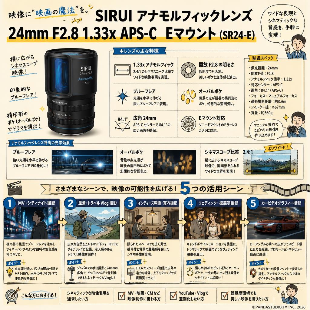 SIRUI アナモルフィックレンズ 24mm F2.8 1.33x  APS-C  Eマウント（SR24-E） 用途
