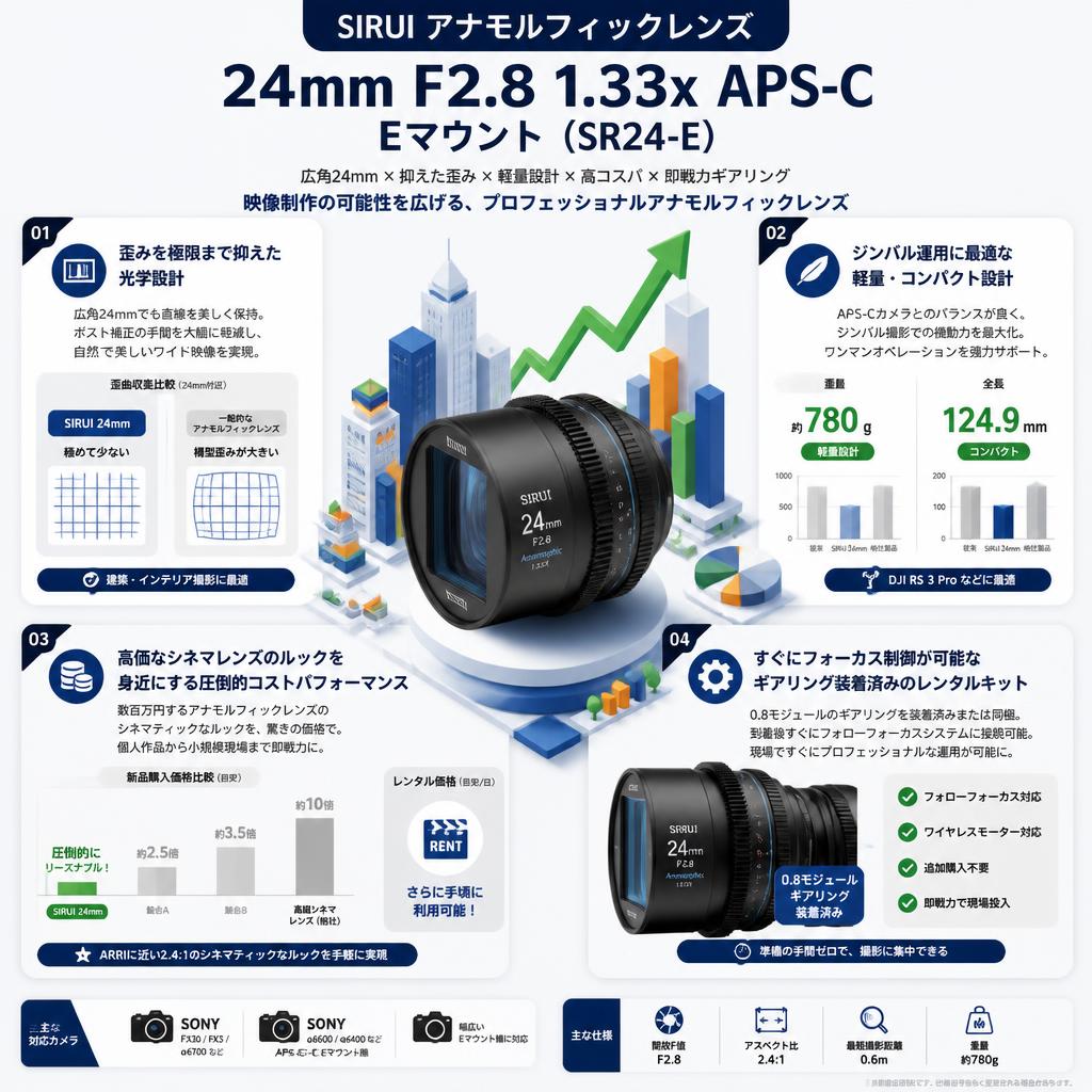 SIRUI アナモルフィックレンズ 24mm F2.8 1.33x  APS-C  Eマウント（SR24-E） セールスポイント
