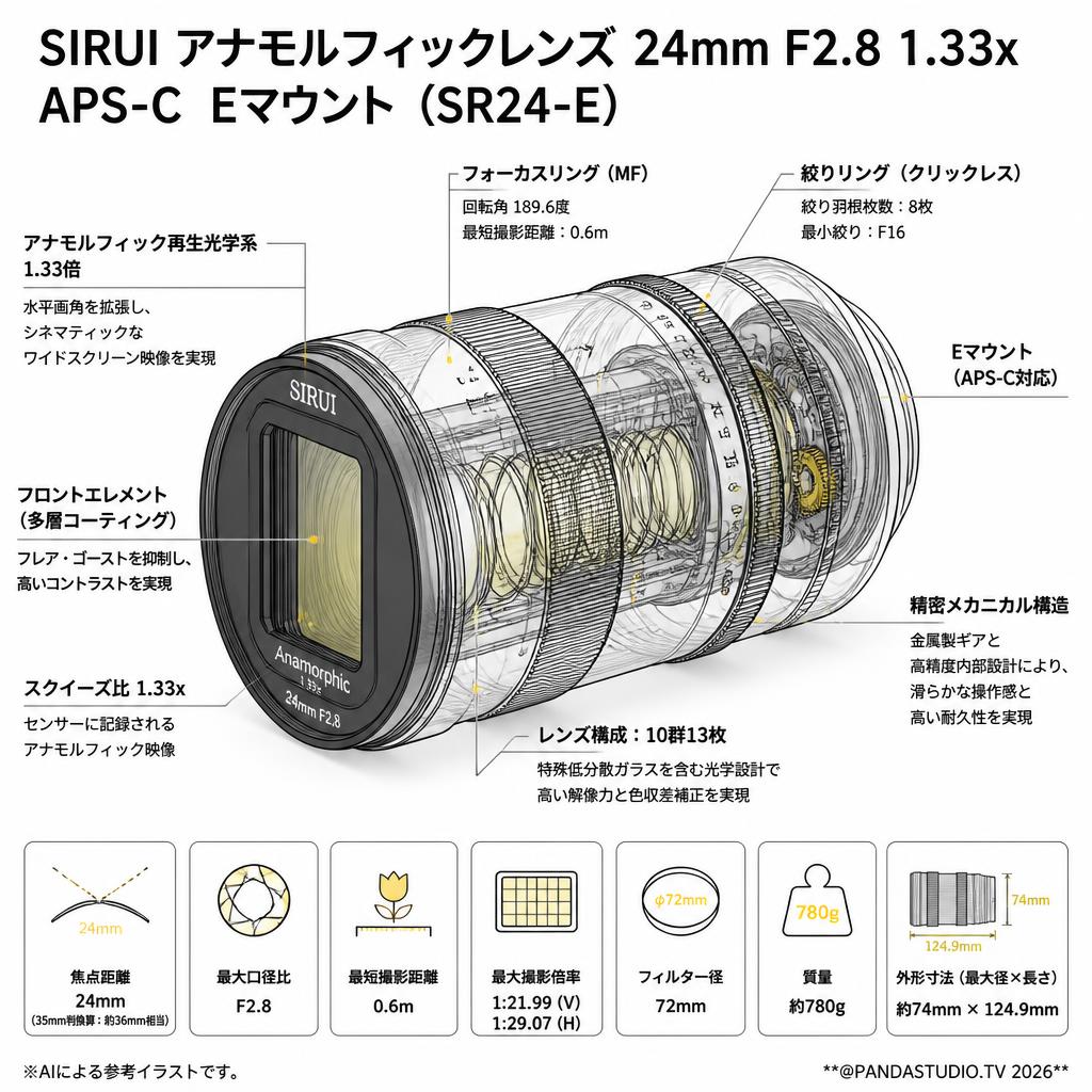 SIRUI アナモルフィックレンズ 24mm F2.8 1.33x  APS-C  Eマウント（SR24-E） スペック