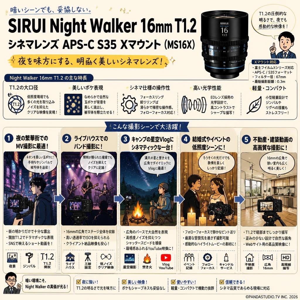 SIRUI Night Walker 16mm T1.2 シネマレンズ APS-C S35 Xマウント ( MS16X ) 用途