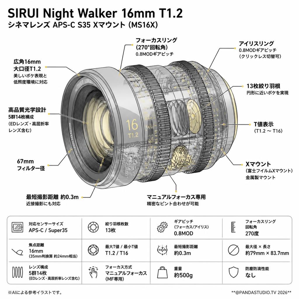 SIRUI Night Walker 16mm T1.2 シネマレンズ APS-C S35 Xマウント ( MS16X ) スペック