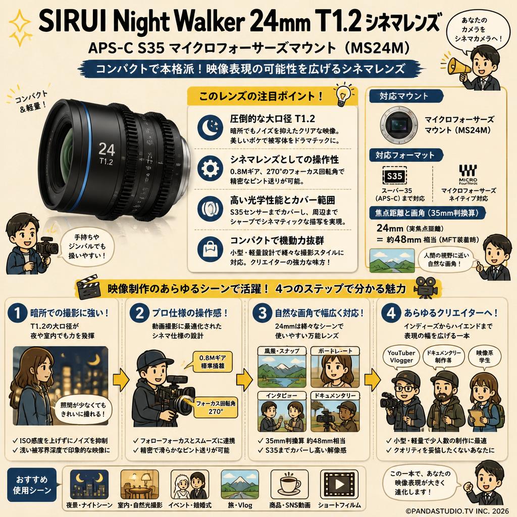 SIRUI Night Walker 24mm T1.2 シネマレンズ  APS-C S35 マイクロフォーサーズマウント ( MS24M ) 概要